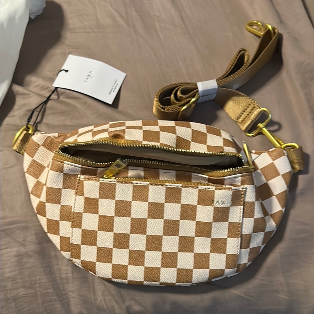 Checkered Tan and White Crossbody Bag